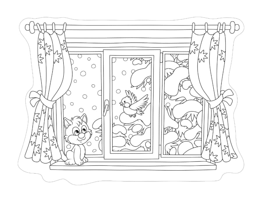 Winter Window View Snow Robin Cat Tree Coloring Pdf Free Vectors